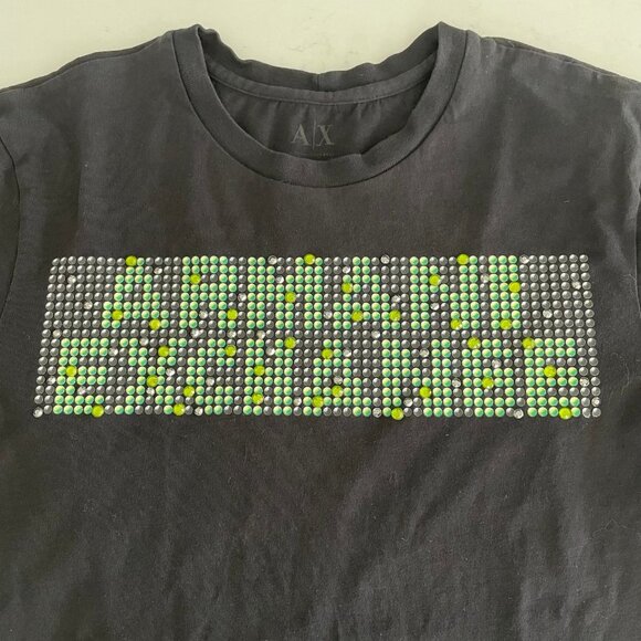 Armani Exchange Casual SS Crew Neck Cotton T Shirt Black Green w Beading Sz S - Picture 4 of 10